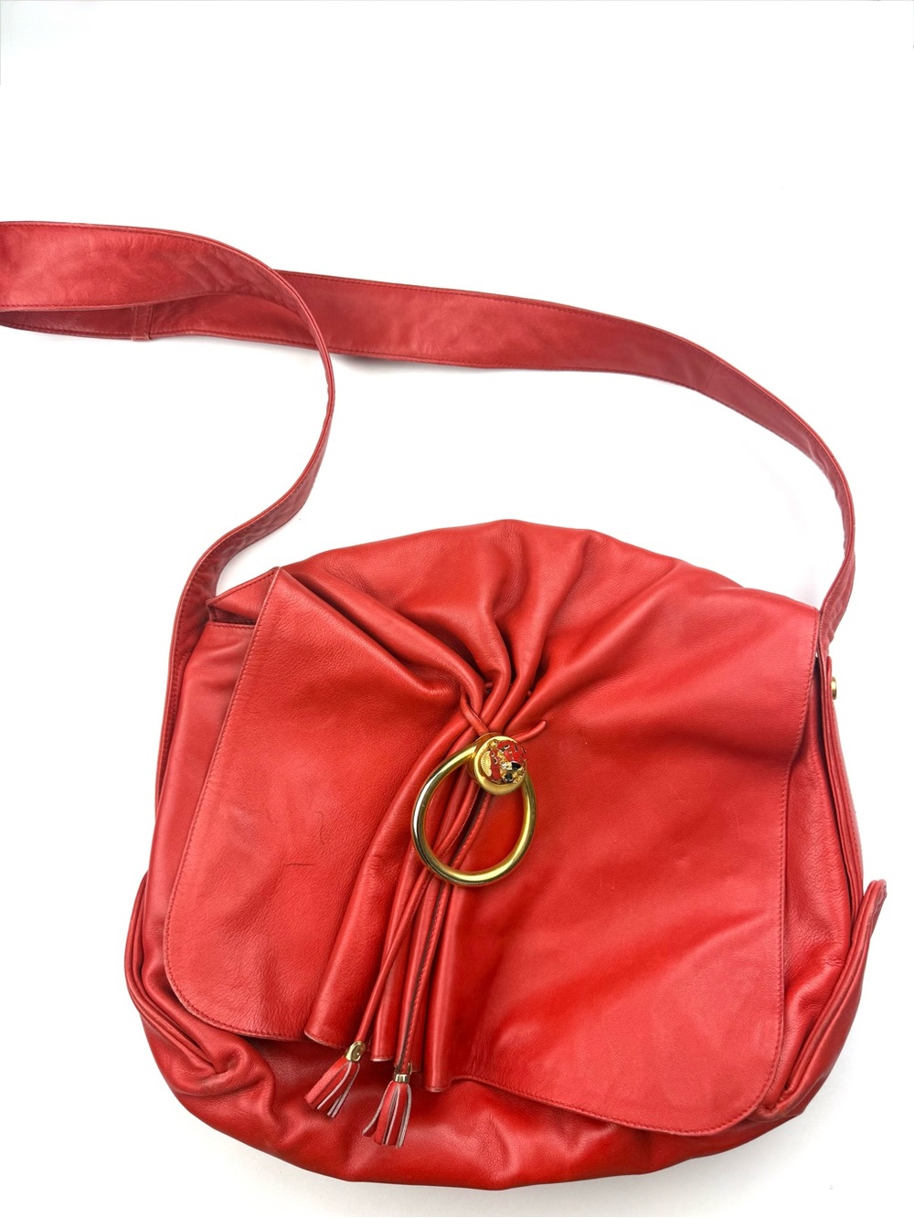 GUCCI Rare Red Leather Tiger Emblem Crossbody Shoulder Bag c 1980s